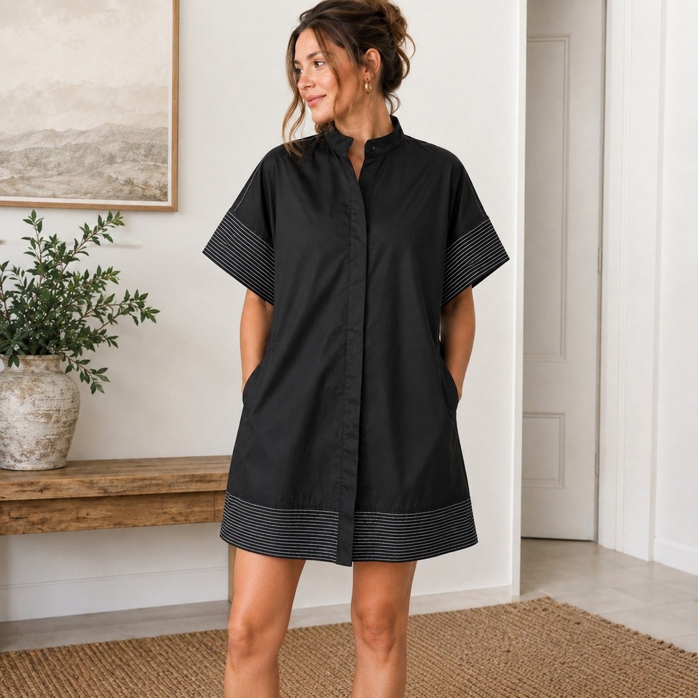 THML Size M Black Oversized Shirt Dress Contrast Stitching NWT